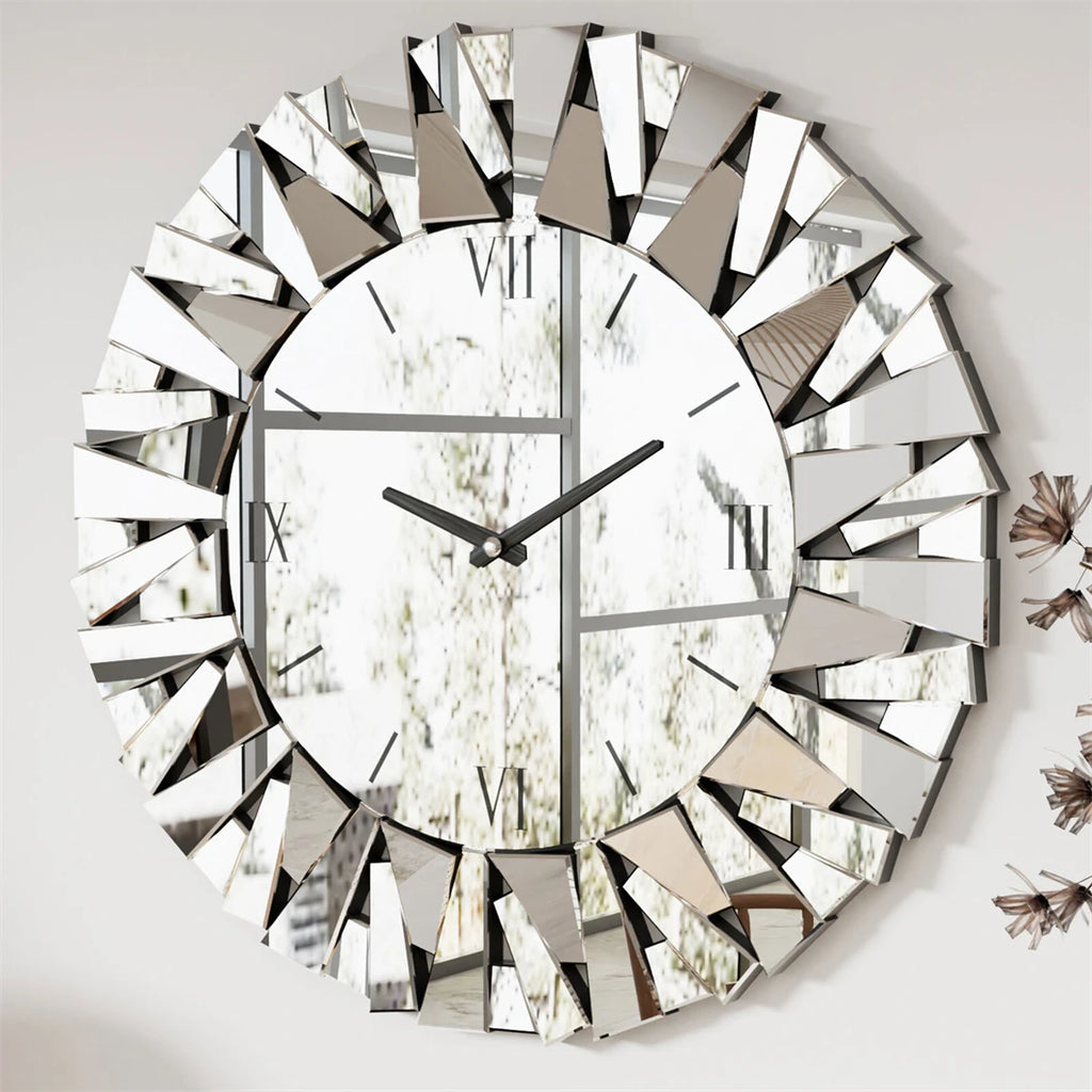 Large 3D Mirrored Sunburst Wall Clock With Roman Numerals Decor