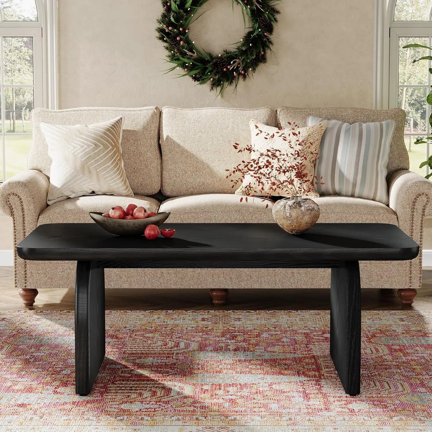Rectangular Wood Coffee Table Farmhouse Center Table With Sturdy Base