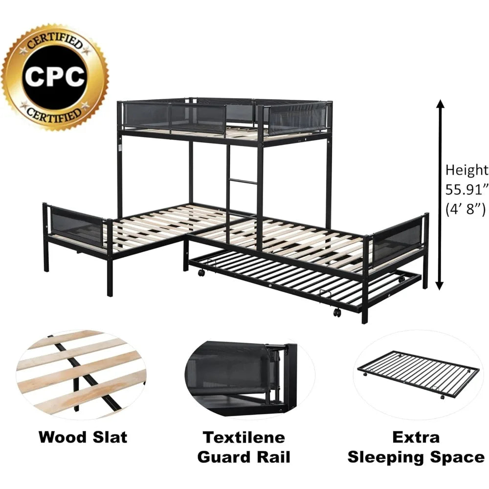 L-Shaped Triple Bunk Bed with Trundle for 4 Boys/Girls/Adults, Sturdy Metal Quad Bunk Beds Twin Over Twin w/Safety Textilene Gua