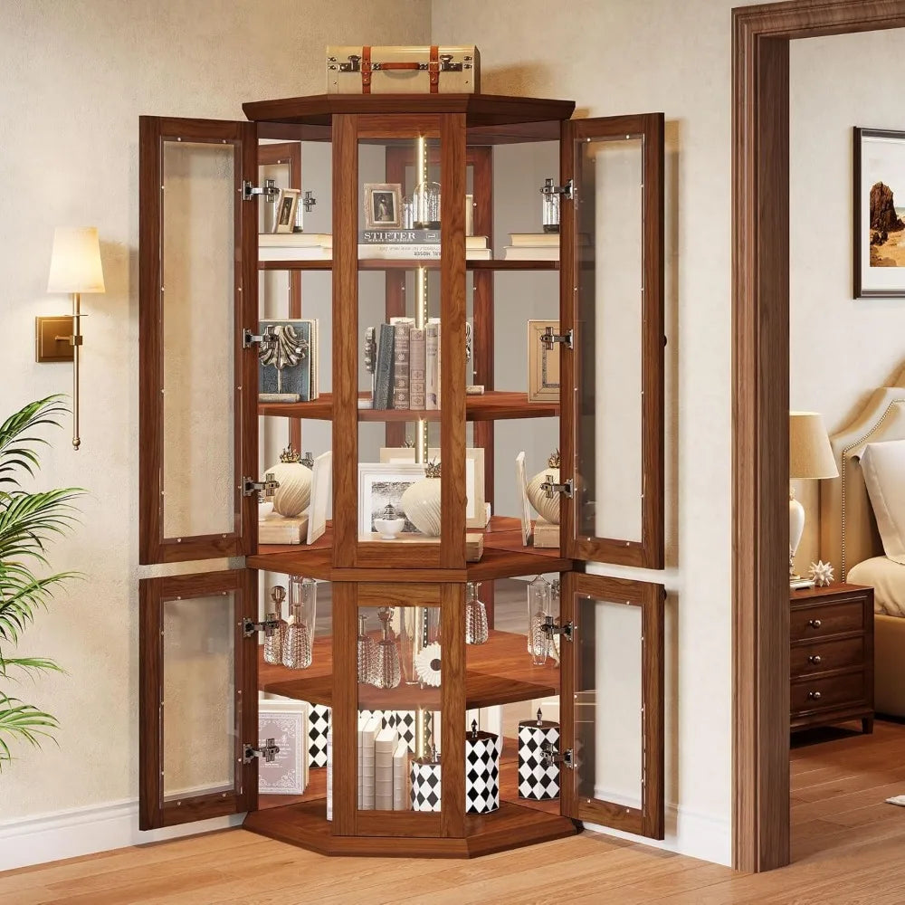 Corner Storage Cabinet, 71" Tall Corner Cabinet with Doors & LED Lights, 5-Tier Mid-Century Display Shelf for Living Room, Kitc