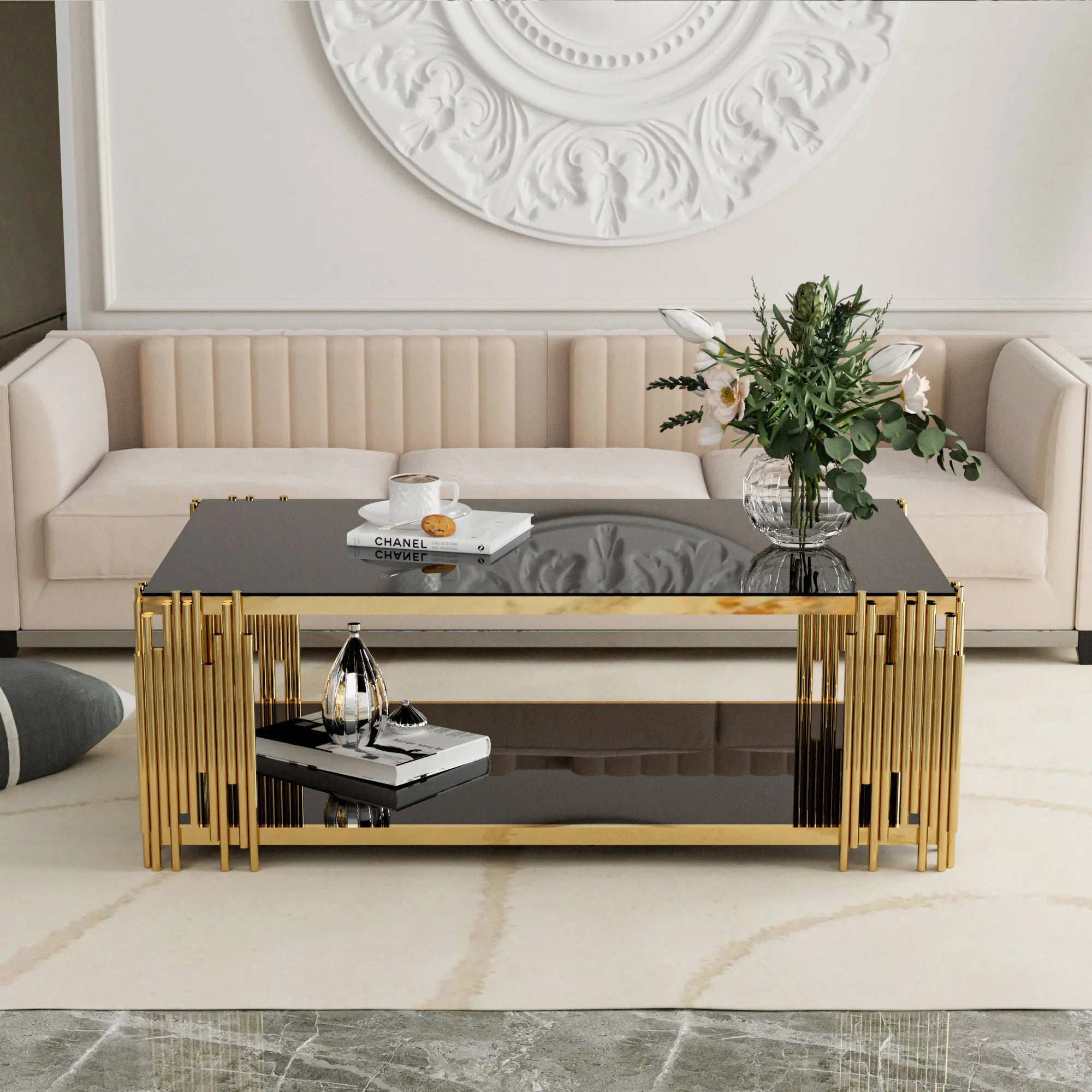 Rectangular Stainless Steel Glass Coffee Table With Gold Legs