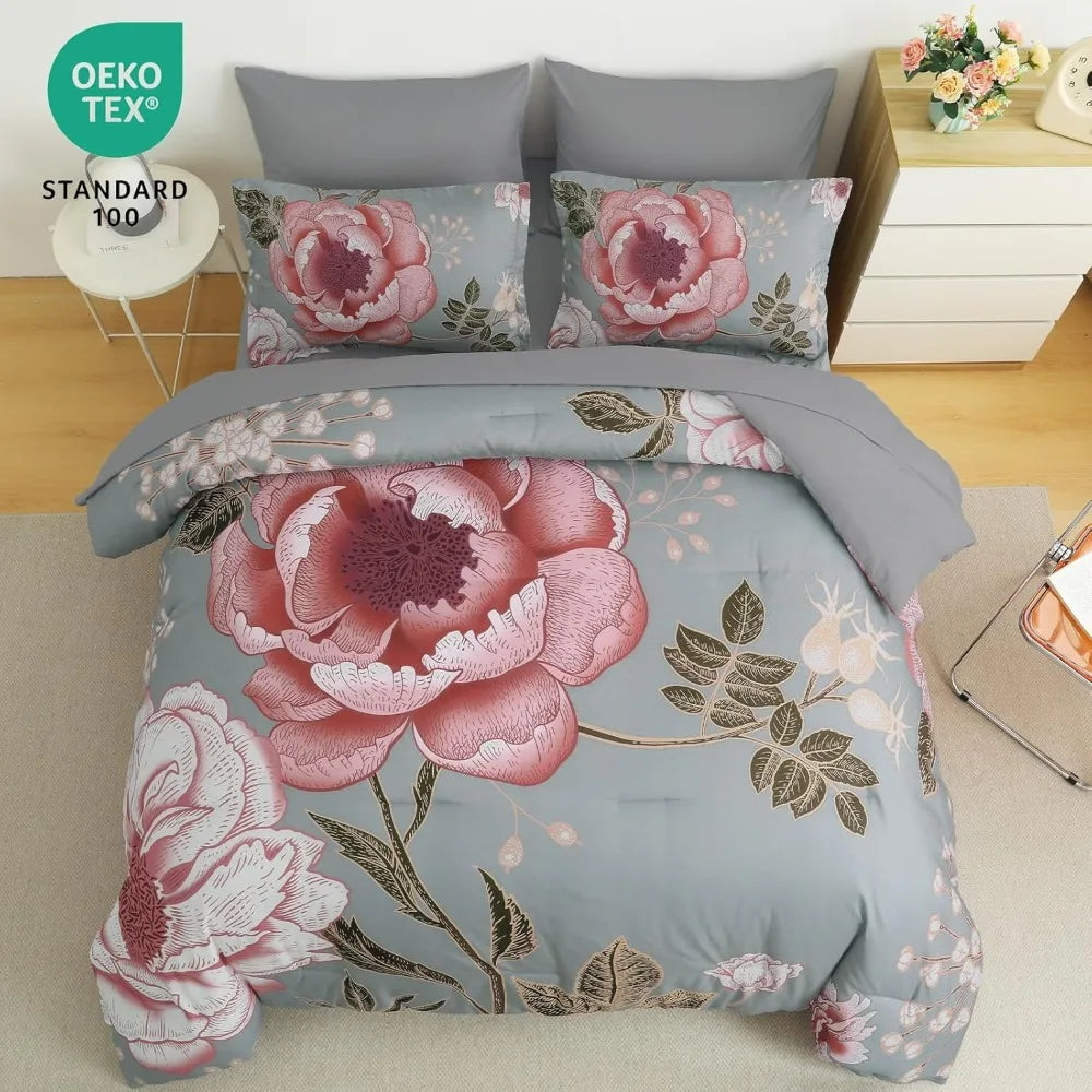 Floral Comforter Set Pink Gray King Size Bed In Bag