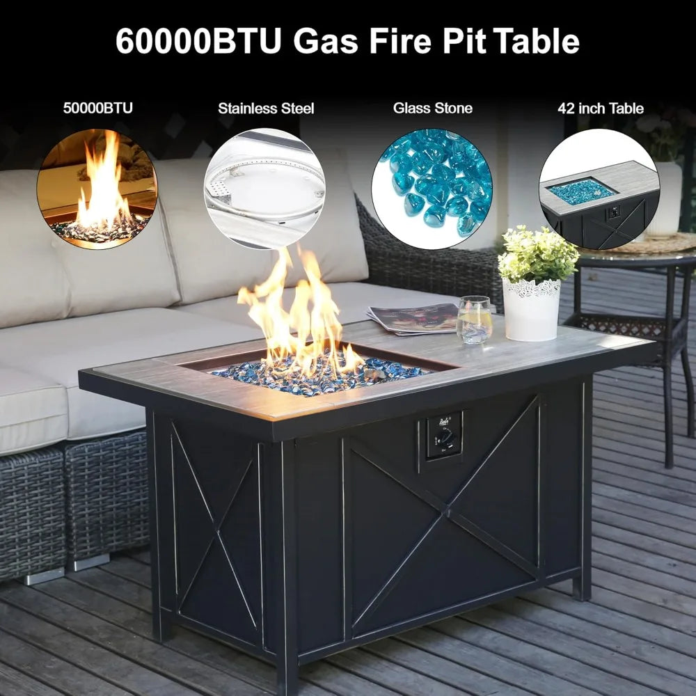42 Inch Rectangular Propane Fire Pit Table With Glass Lid