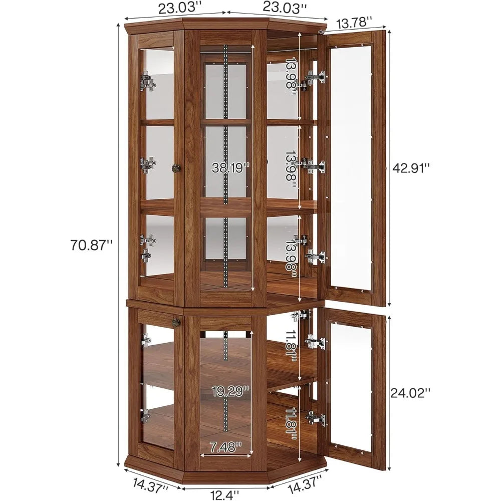 Corner Storage Cabinet, 71" Tall Corner Cabinet with Doors & LED Lights, 5-Tier Mid-Century Display Shelf for Living Room, Kitc