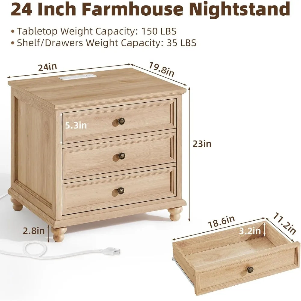 Farmhouse Nightstand with Charging Station, 24 Wide End Table with 3 Drawers, Natural Wood Dresser for Bedroom, Bedside Table