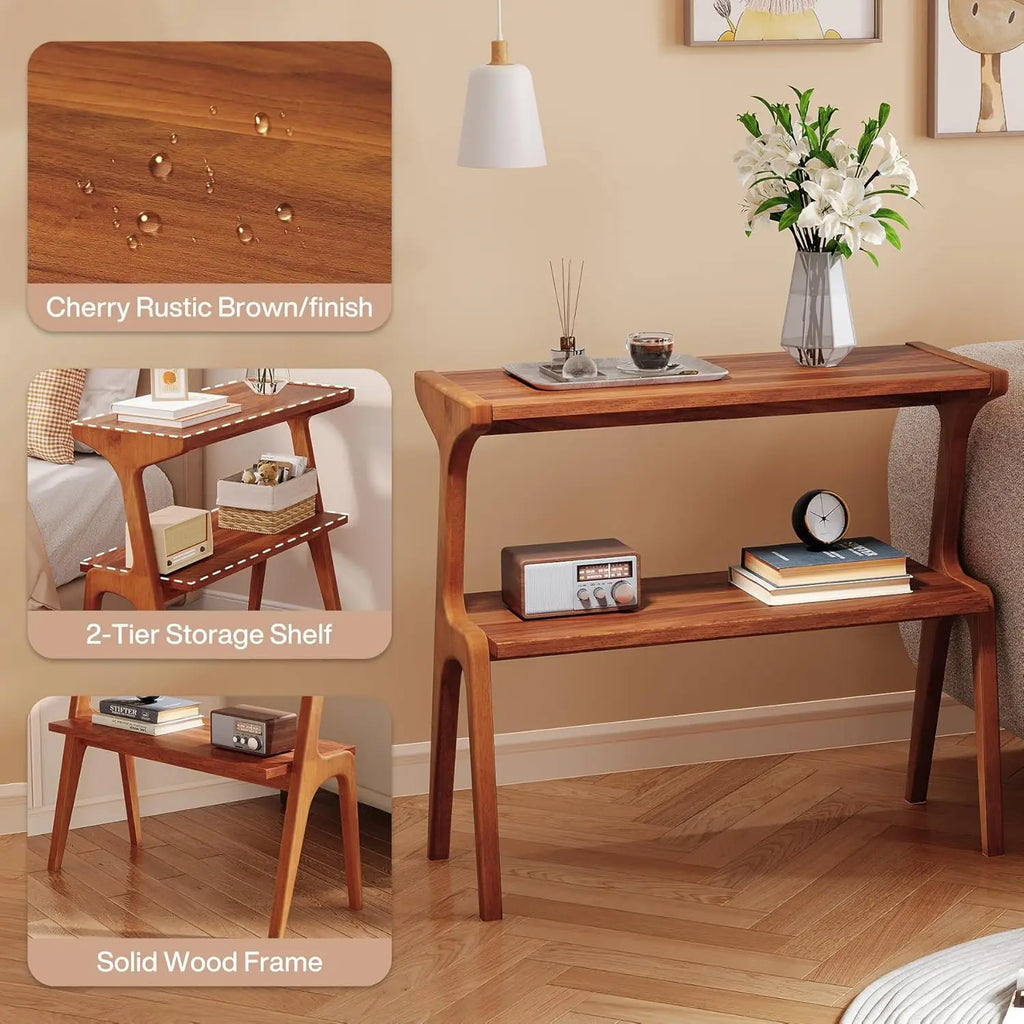 Solid Wood End Table Two Tier Storage Shelf Living Room