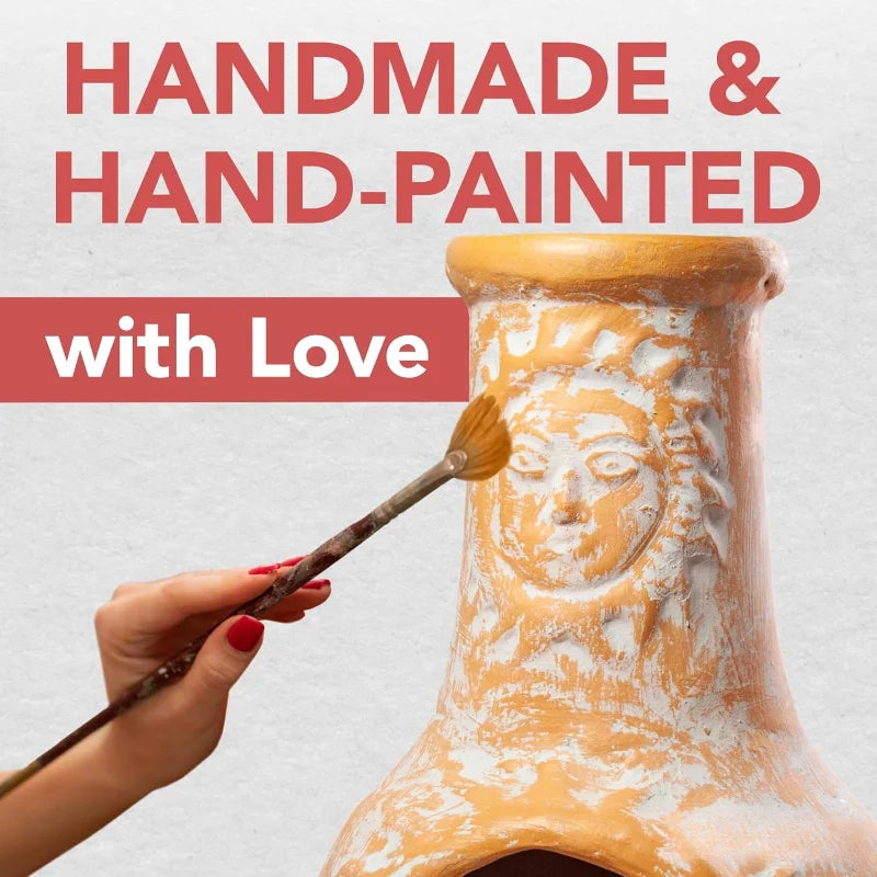 Medium Chiminea Outdoor Fireplace Clay Chimineas with Chimney Rain Lids and Solid Metal Stands - Yellow Terracotta Chimenea