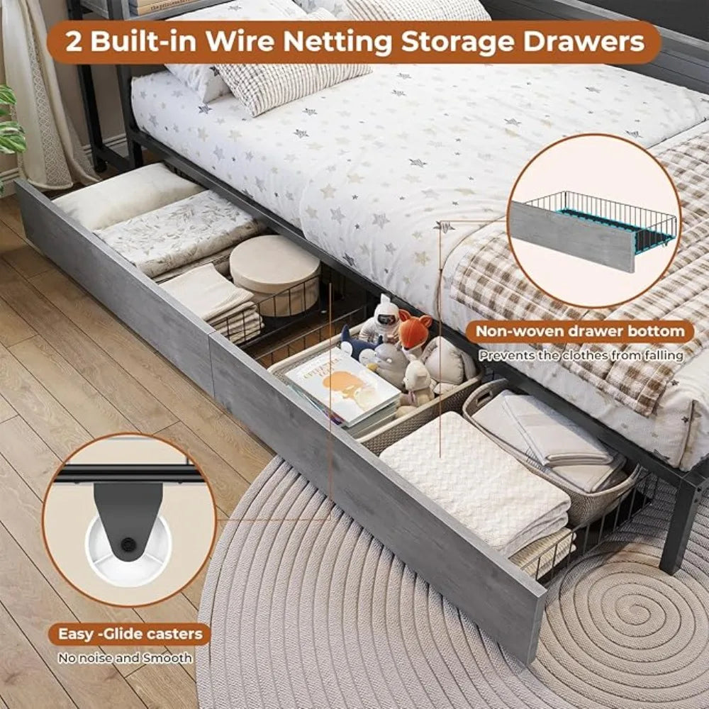 Full Corner Bed Frame with 2 Drawers and Hidden Storage Full Size Daybed with Charging Station and Storage Open Shelves Metal