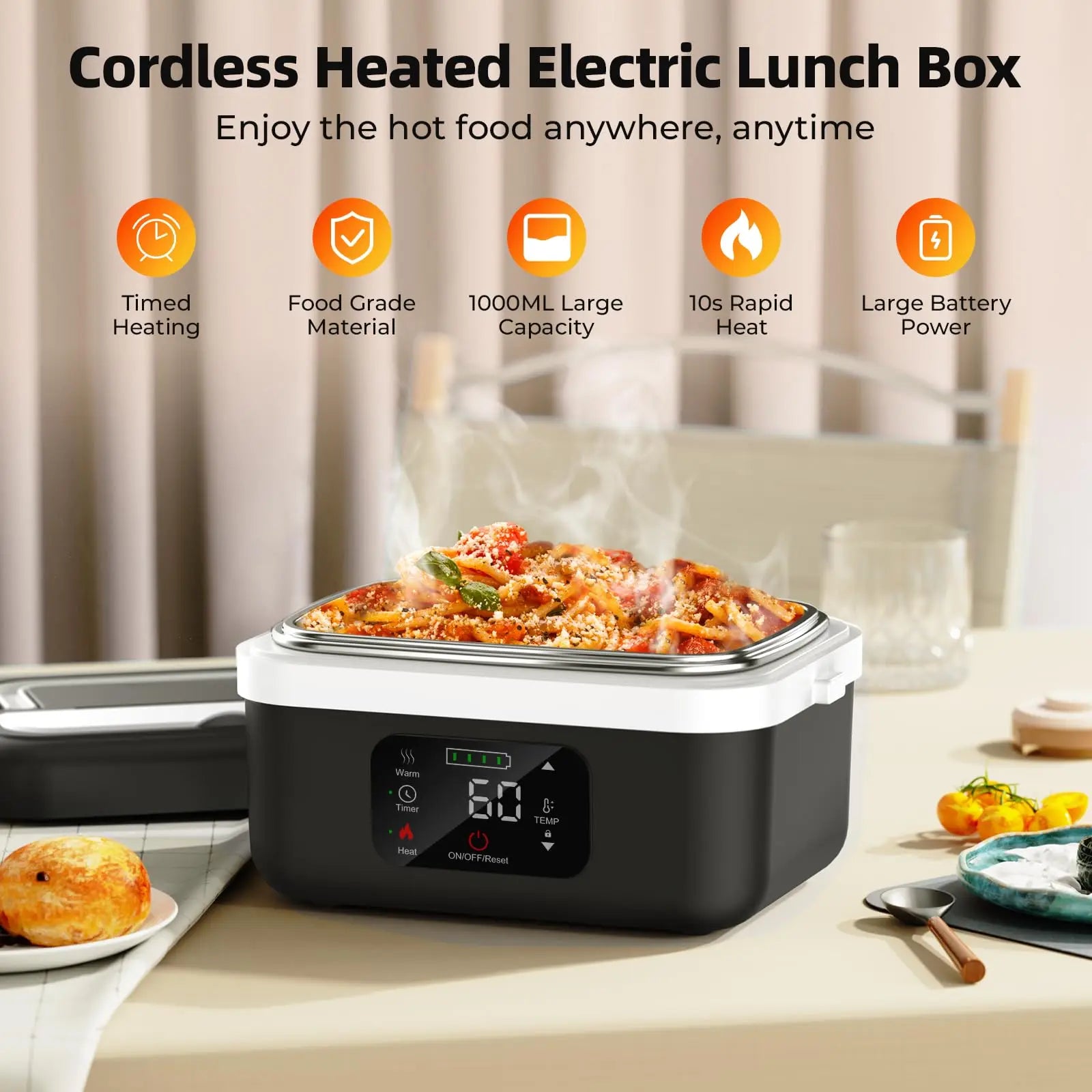 Wireless Insulated Lunch Box With 8000mAh Battery And 60W Heating