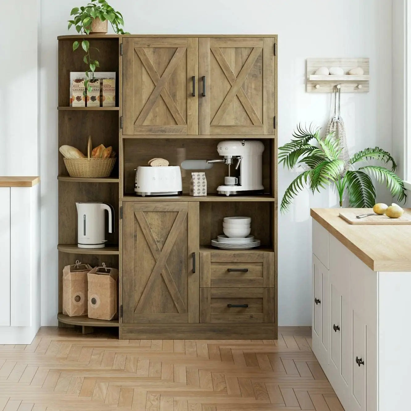60.4" Farmhouse Kitchen Pantry Storage Cabinet, Freestanding Hutch with Doors & Shelves, Buffet Sideboard with Microwave Stand