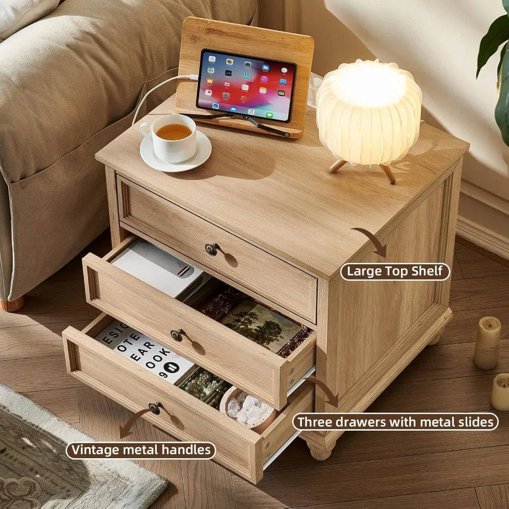 Farmhouse Nightstand with Charging Station, 24 Wide End Table with 3 Drawers, Natural Wood Dresser for Bedroom, Bedside Table