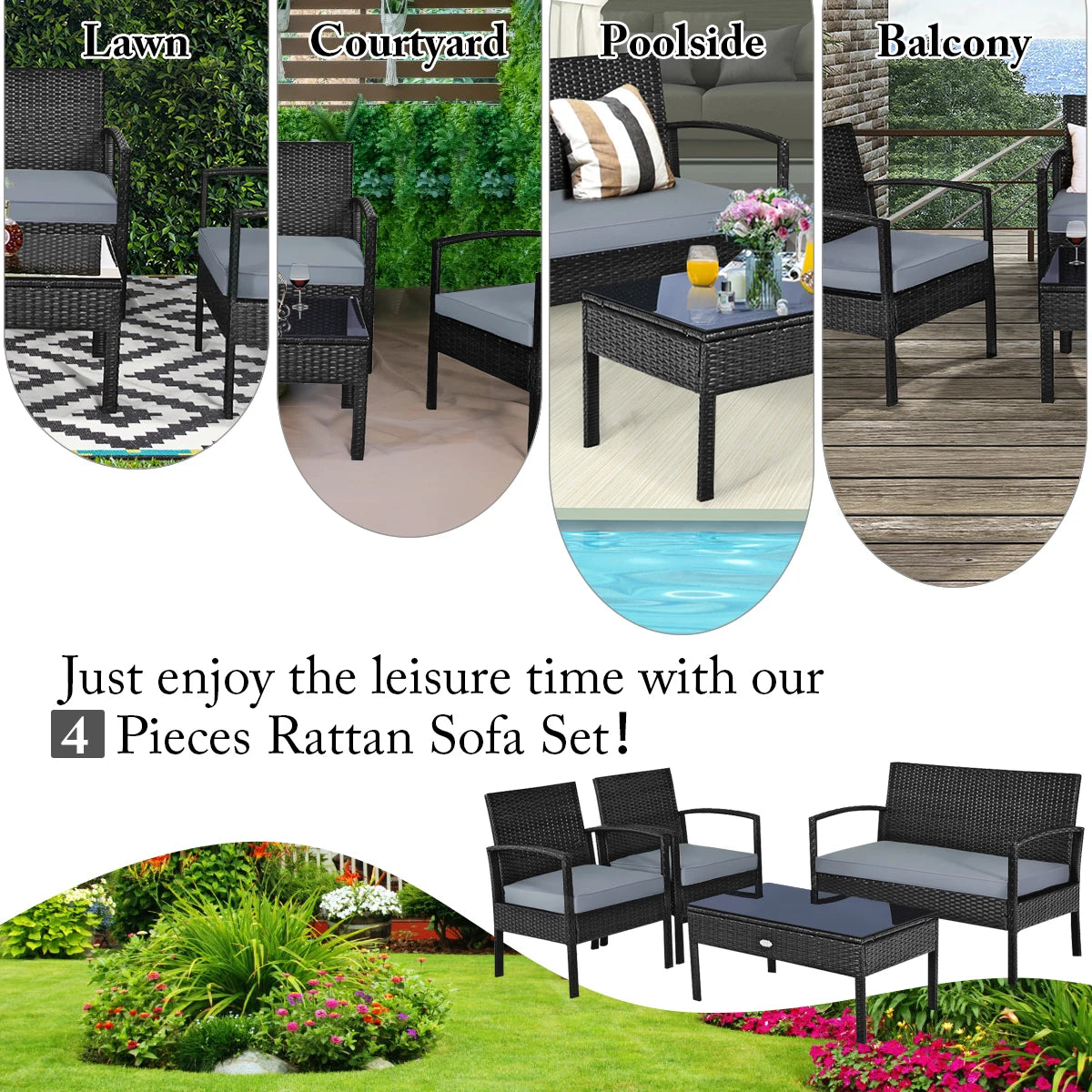 4PCS Patio Rattan Furniture Set Garden Deck