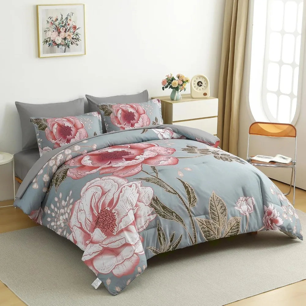 Floral Comforter Set Pink Gray King Size Bed In Bag