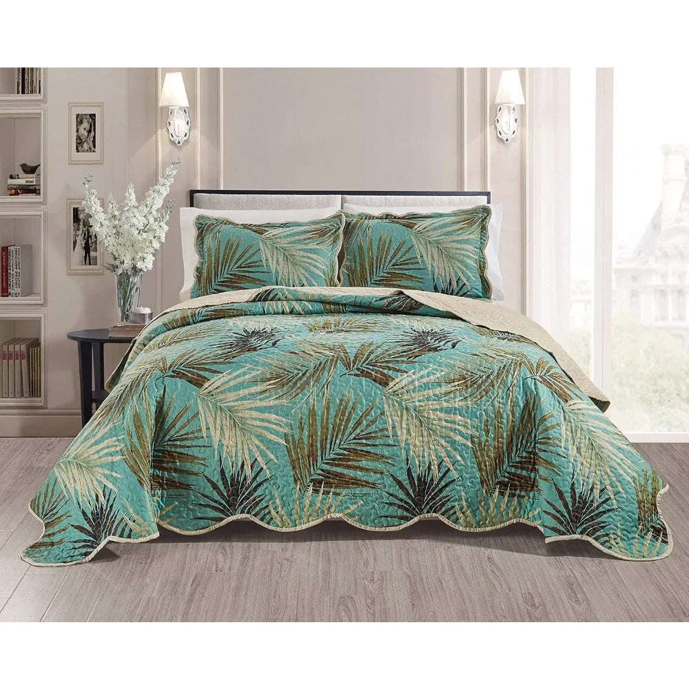 Tropical Palm Leaves 3-Piece Oversized Quilt Set for King Size Bed in Sage