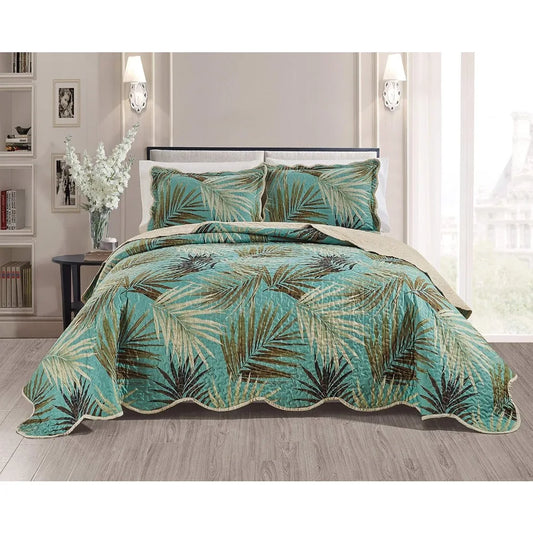 Tropical Palm Leaves 3-Piece Oversized Quilt Set for King Size Bed in Sage