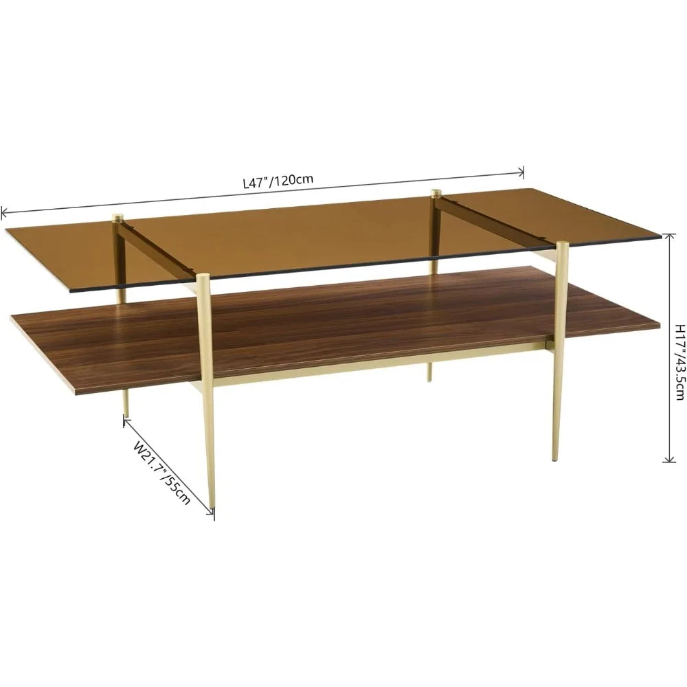 Mid Century Modern Large Glass Coffee Table With Gold Legs