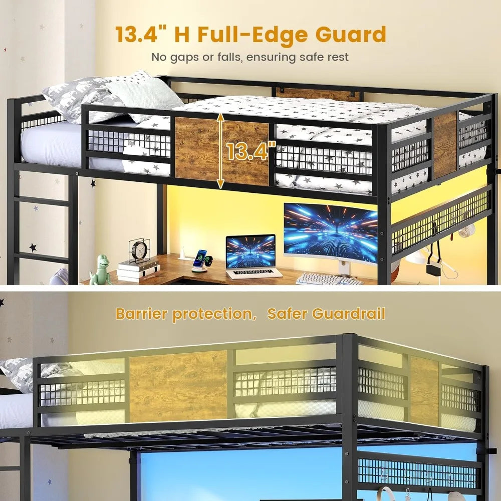 Full Size Loft Bed With L Shaped Desk RGB Lights Storage Drawers Shelves