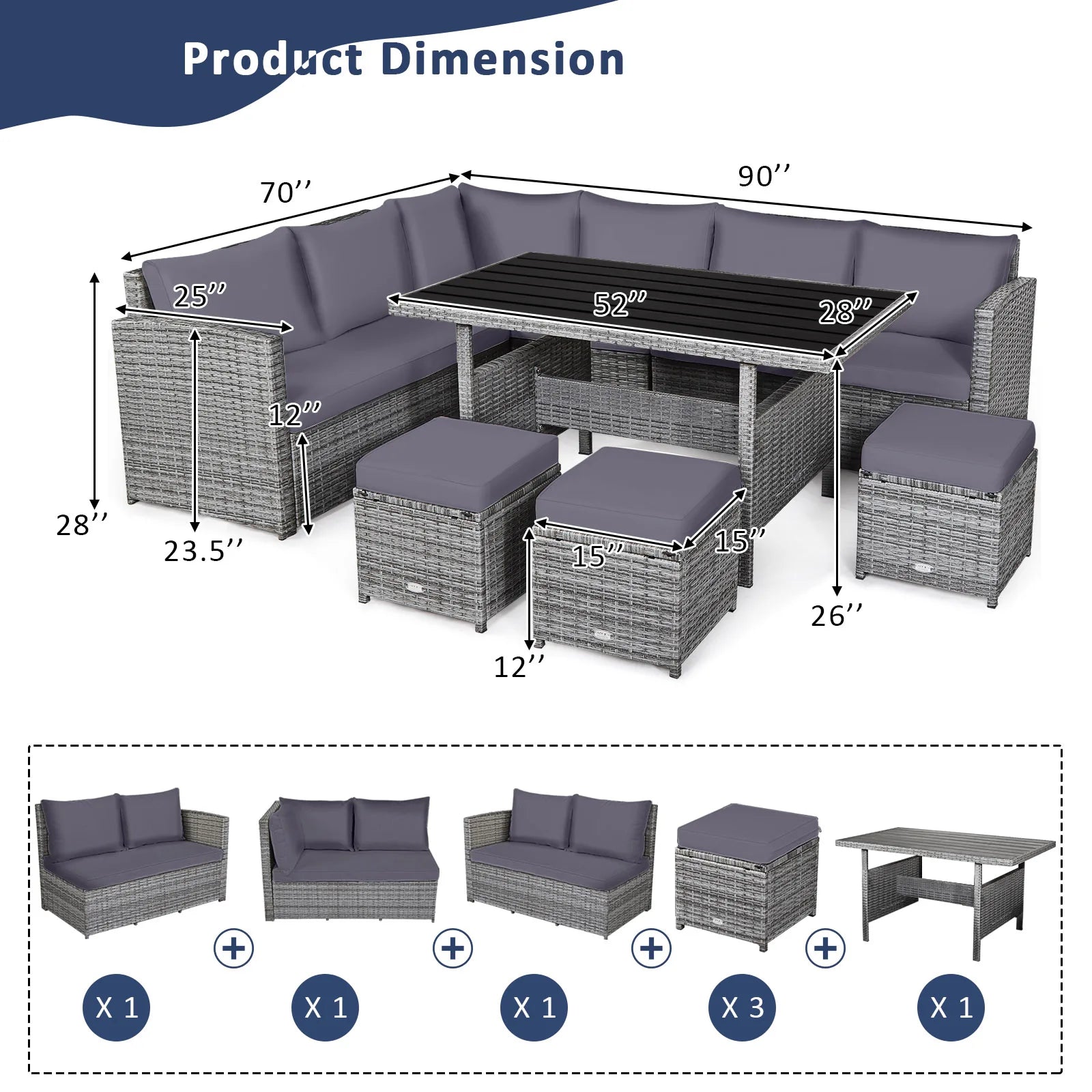 7 PCS Patio Rattan Dining Set Sectional Sofa Couch Ottoman Garden Grey