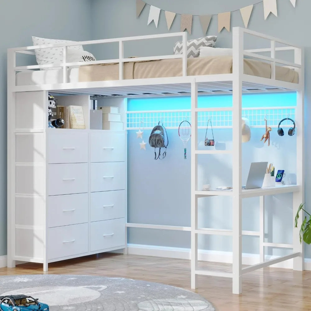 White Metal Twin Loft Bed With Desk And Storage Drawers