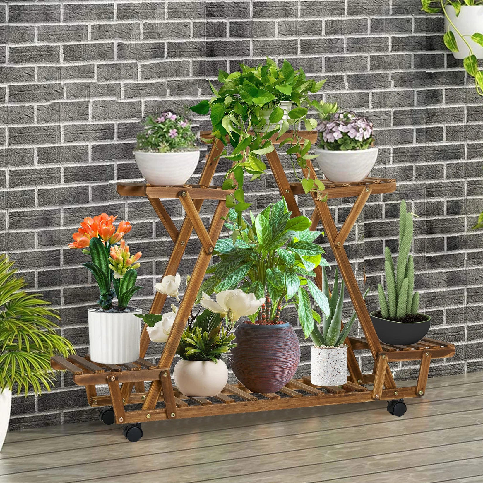 Triangular Plant Shelf 6 Potted Carbonized Wood Plant Holder Flower Pot Stand Display Storage Rack with Wheels for Garden