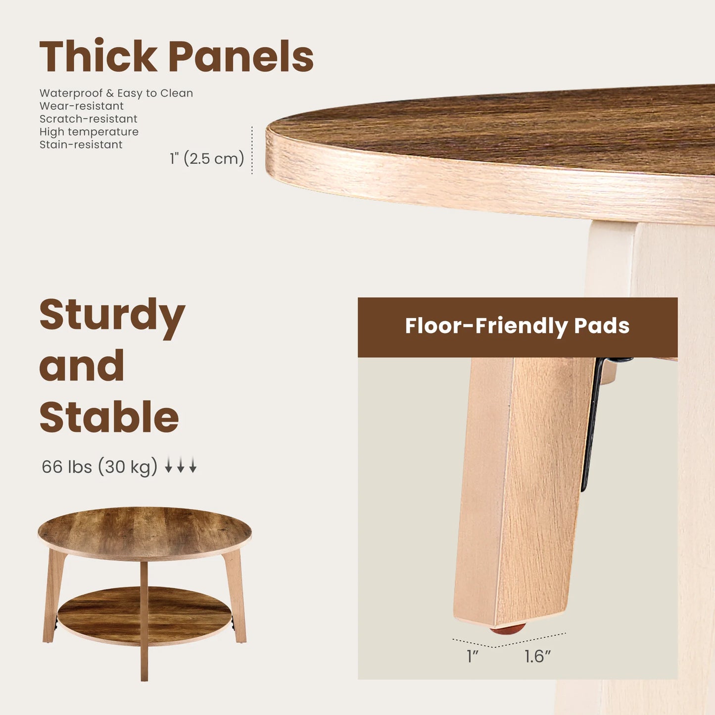 JHK 32 Inch Round Wood Coffee Table With Hidden Storage