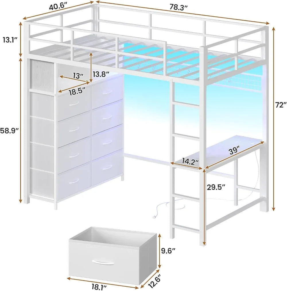 White Metal Twin Loft Bed With Desk And Storage Drawers
