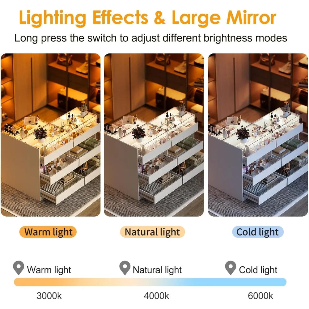 Armoire Wardrobe Closet Island with 9 Drawers, Led Lights, Glass Tabletop, Bedroom Island with Jewelry Organizer, Storage B