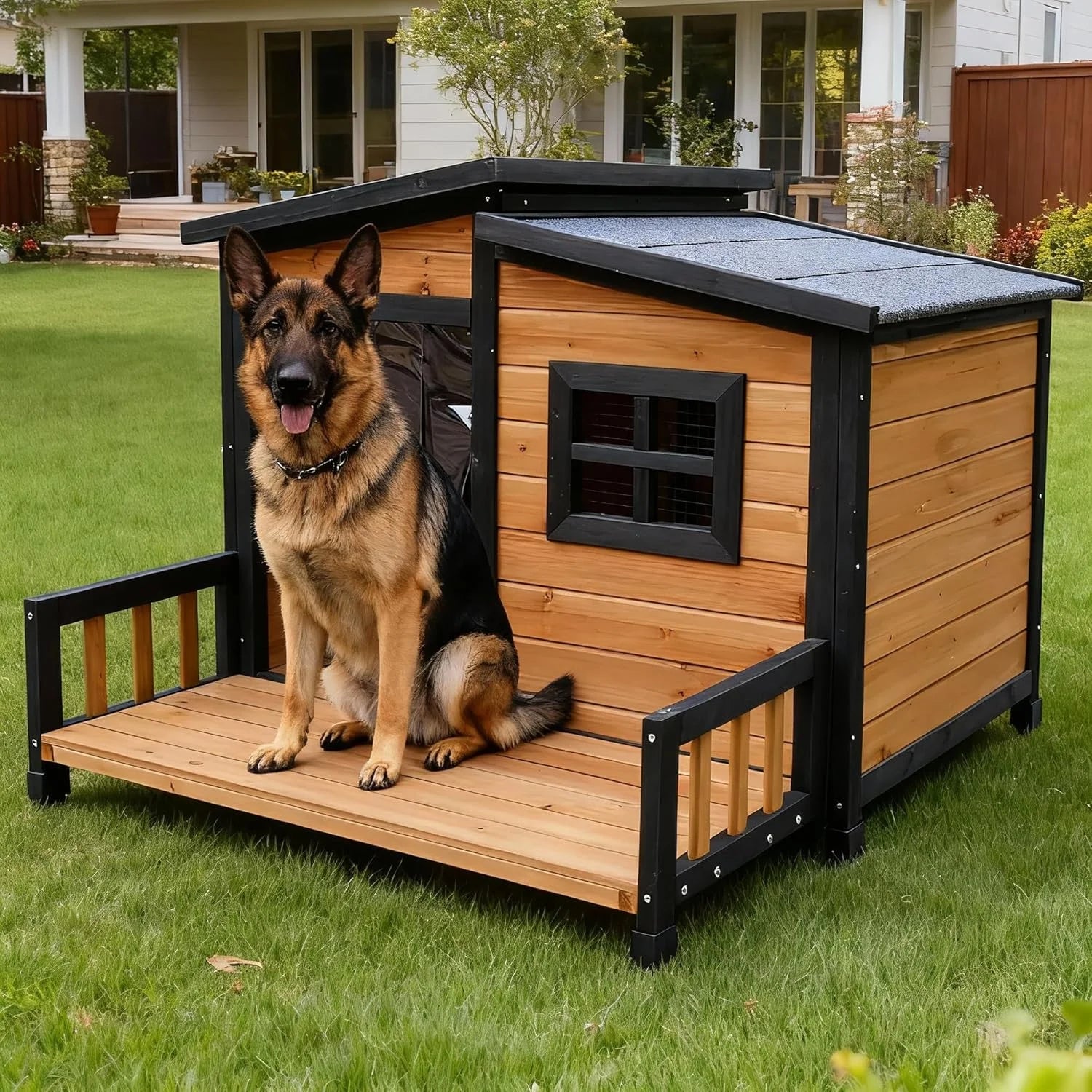 Large Wooden Insulated Dog House With Elevated Floor Outdoor Shelter