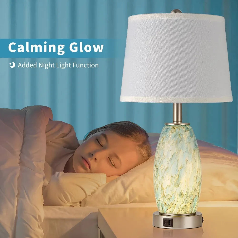 Table Lamps Set of 2 with 3-Way Lighting Modes, USB & Type C Ports - Coastal Modern Style Glass Nightstand Lamps for Living Room