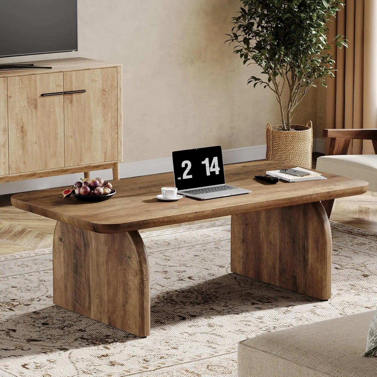 Rectangular Wood Coffee Table Farmhouse Center Table With Sturdy Base