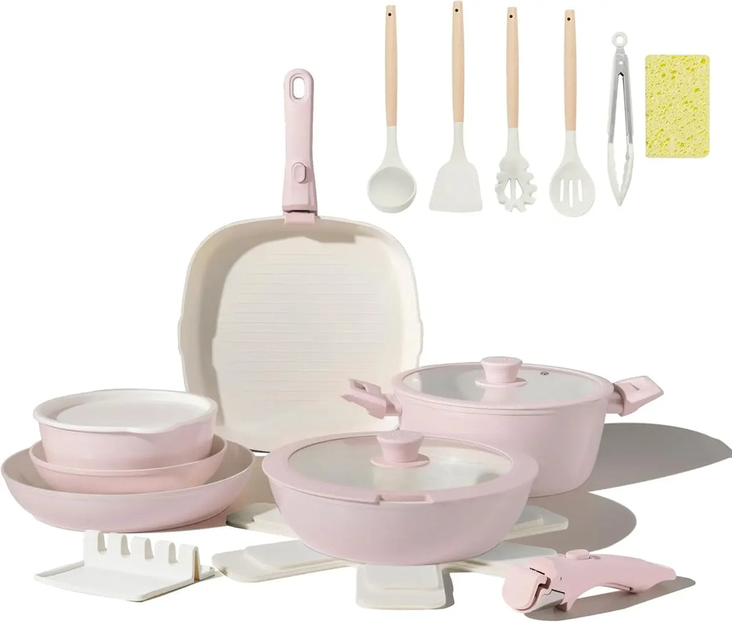 23Pcs Pink Ceramic Pots And Pans Set Nonstick Removable Handle