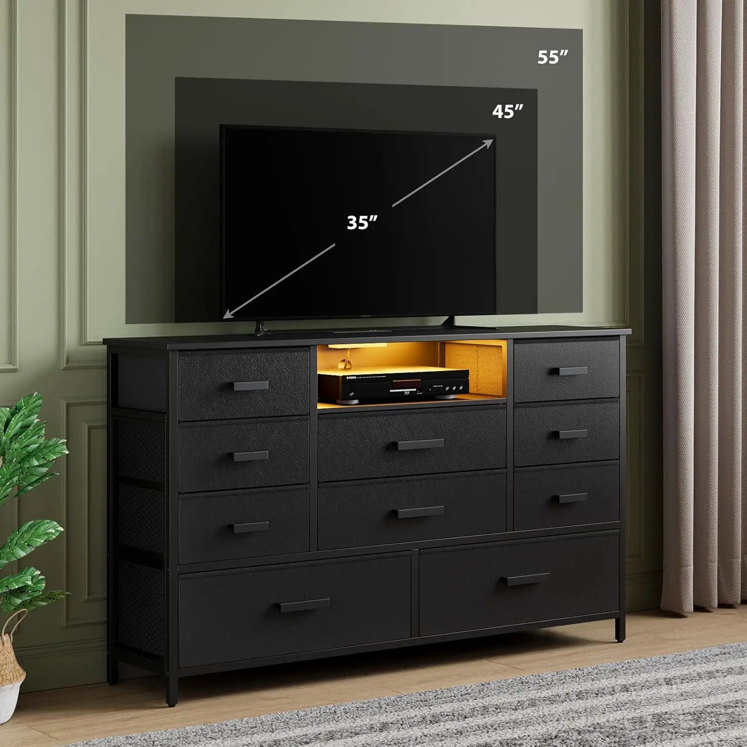 Black Dresser With Charging Station And LED Light TV Stand