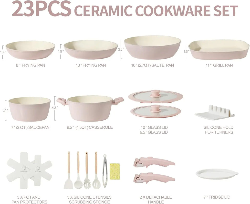 23Pcs Pink Ceramic Pots And Pans Set Nonstick Removable Handle