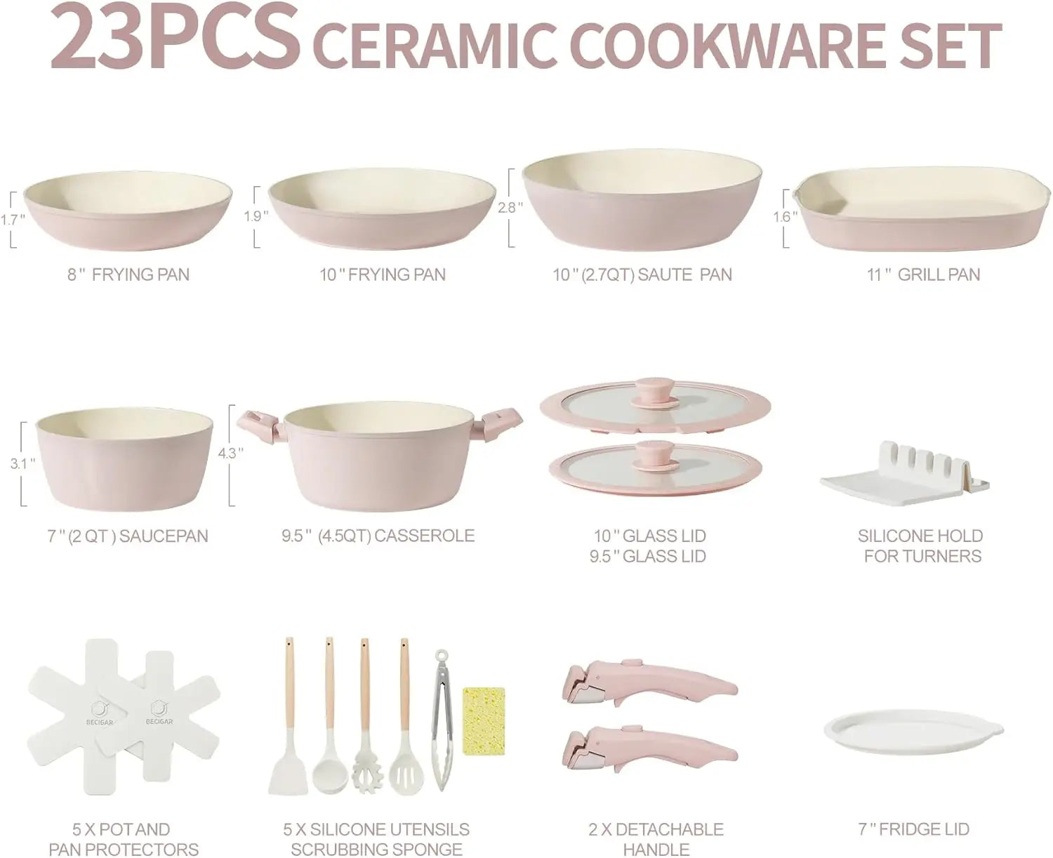 23Pcs Pink Ceramic Pots And Pans Set Nonstick Removable Handle