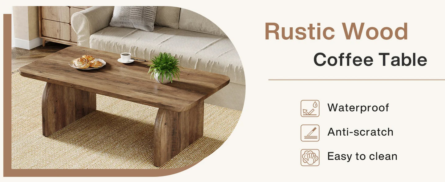 Rectangular Wood Coffee Table Farmhouse Center Table With Sturdy Base