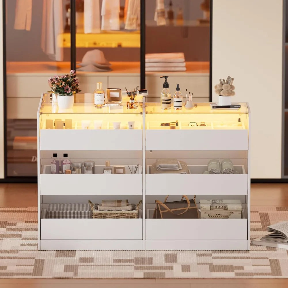 Armoire Wardrobe Closet Island with 9 Drawers, Led Lights, Glass Tabletop, Bedroom Island with Jewelry Organizer, Storage B