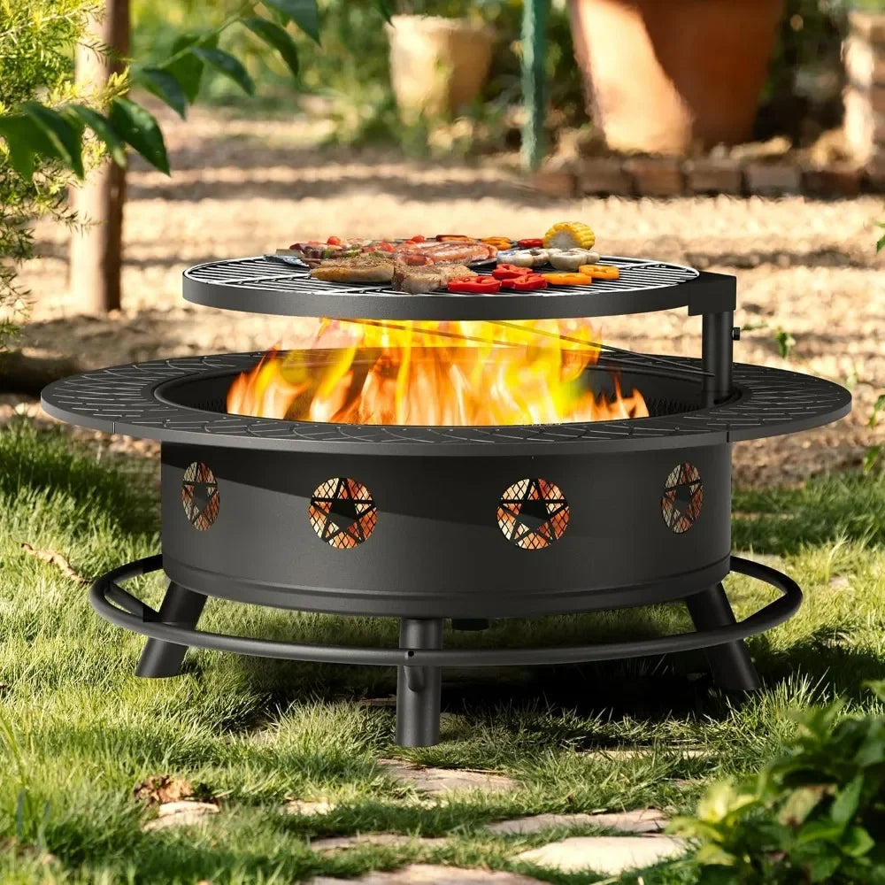 43 Inch Fire Pit With BBQ Grill Outdoor Wood Burning