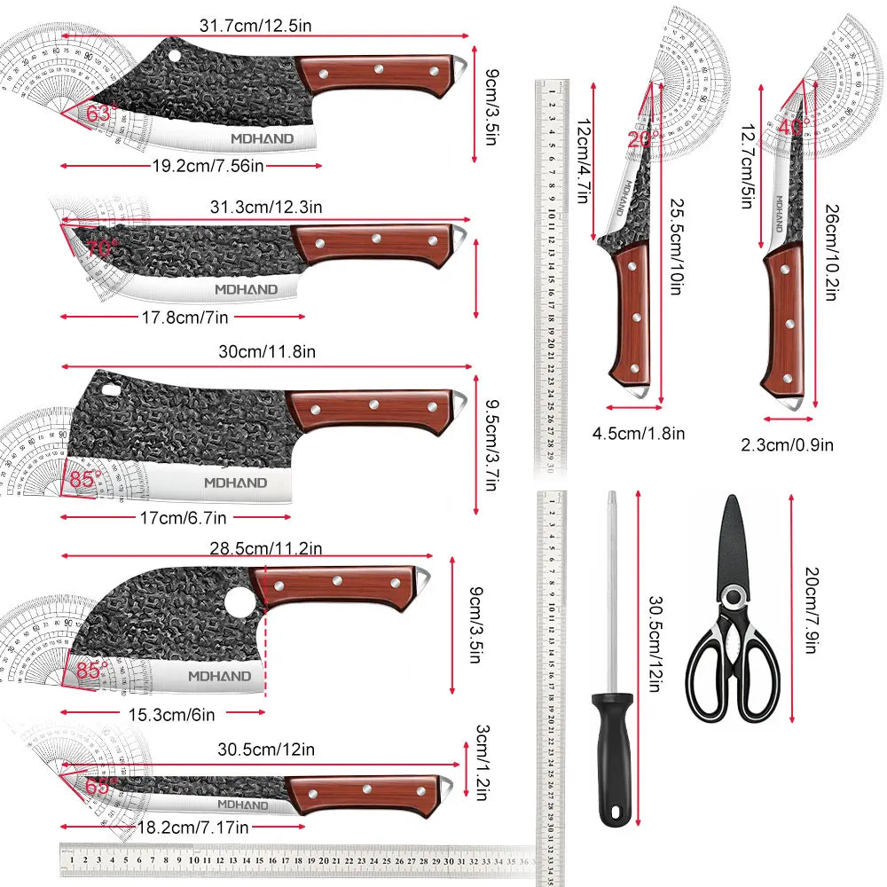 14 Piece Hand Forged Butcher Knife Set With Roll Bag