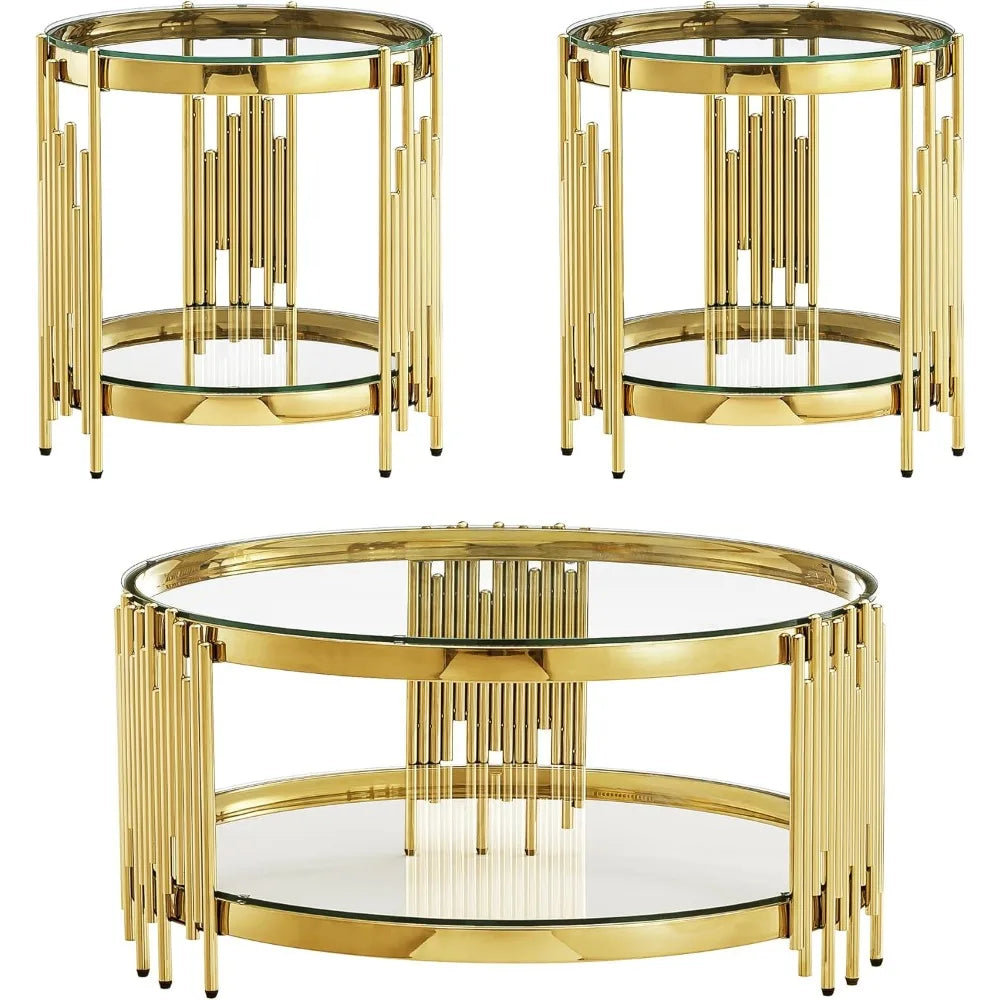 3 Piece Glass Coffee Table Set With Round Stainless Steel