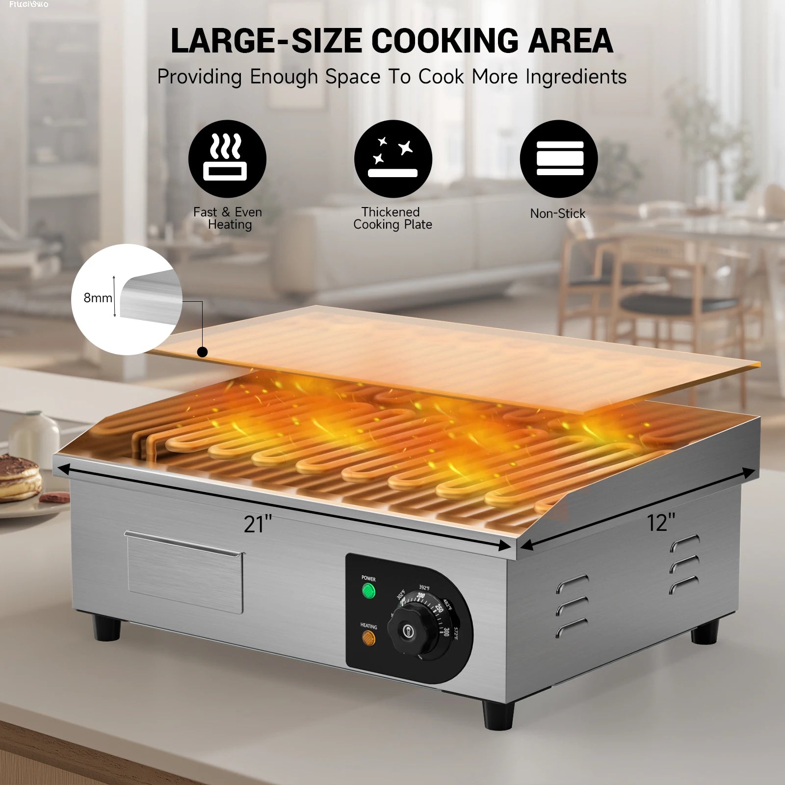 22" Electric Countertop Flat Top Griddle 1600W 110V Non-Stick Commercial Restaurant Teppanyaki Grill Stainless Steel Temp Contro