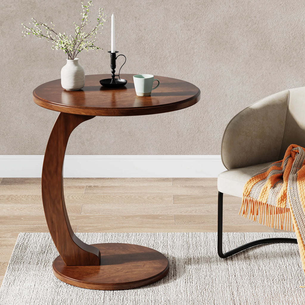 Tribesigns Round End Table Wood C Shaped Side Table Retro