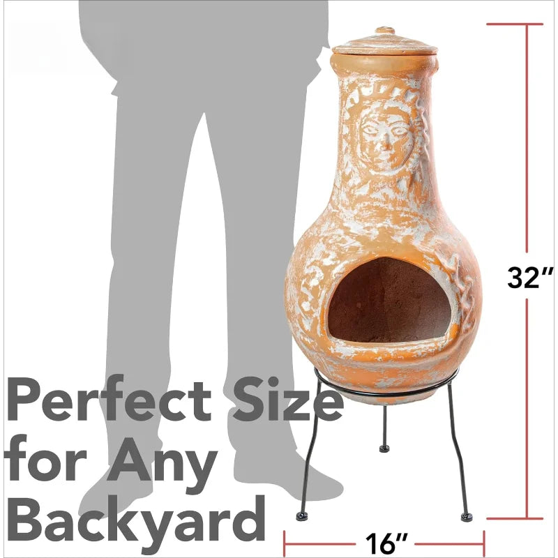 Medium Chiminea Outdoor Fireplace Clay Chimineas with Chimney Rain Lids and Solid Metal Stands - Yellow Terracotta Chimenea