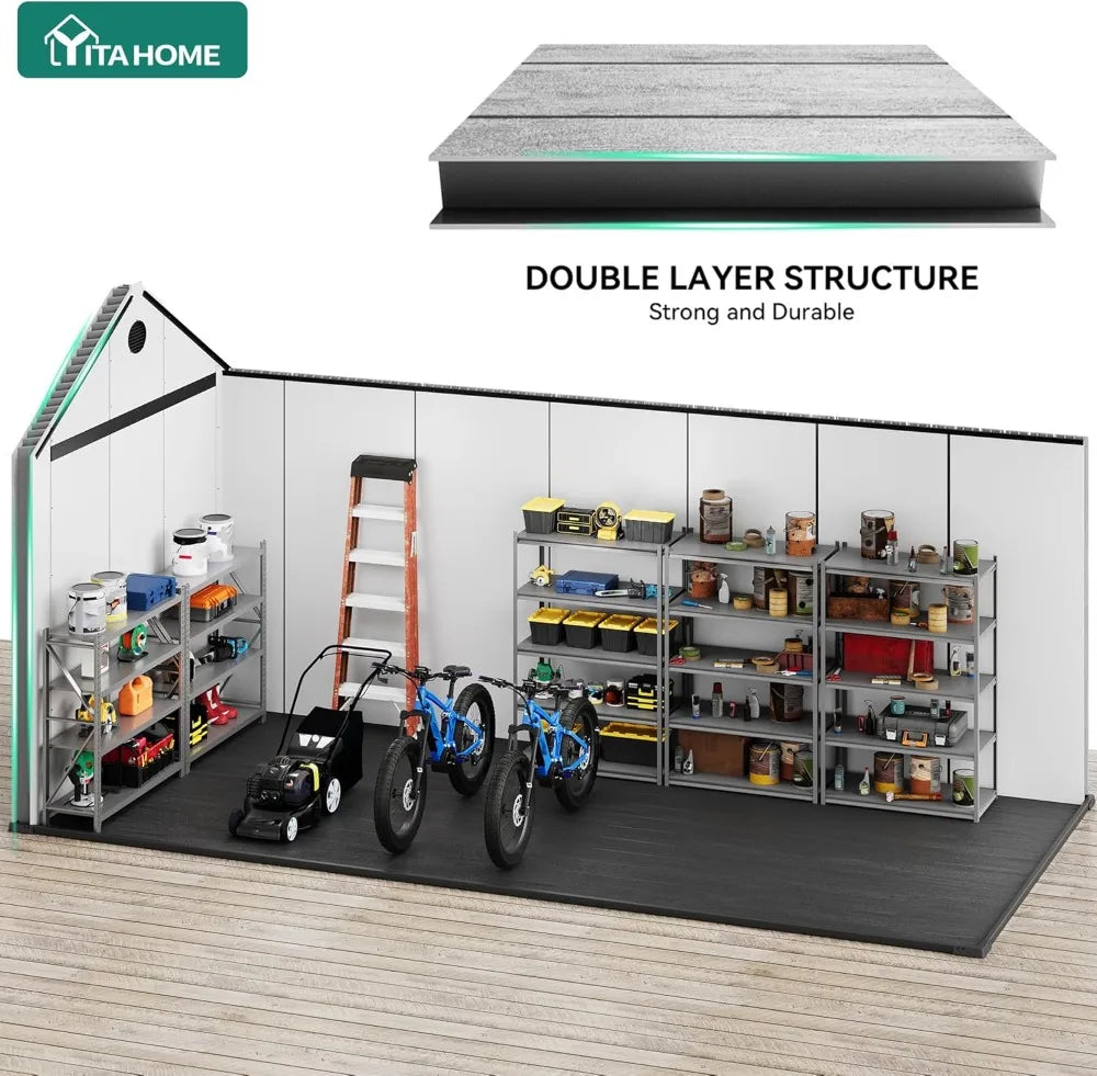 8x16 Ft Waterproof Outdoor Storage Shed With Floor Lockable Doors