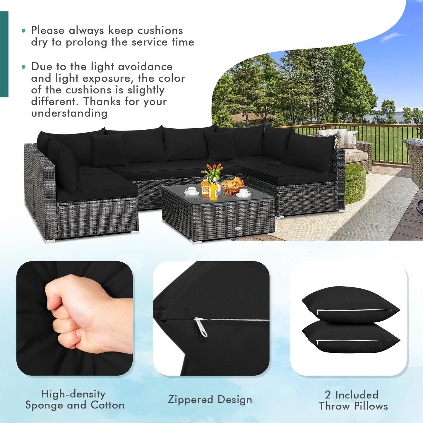 7PCS Patio Rattan Furniture Set Sectional Sofa Cushioned Garden Black