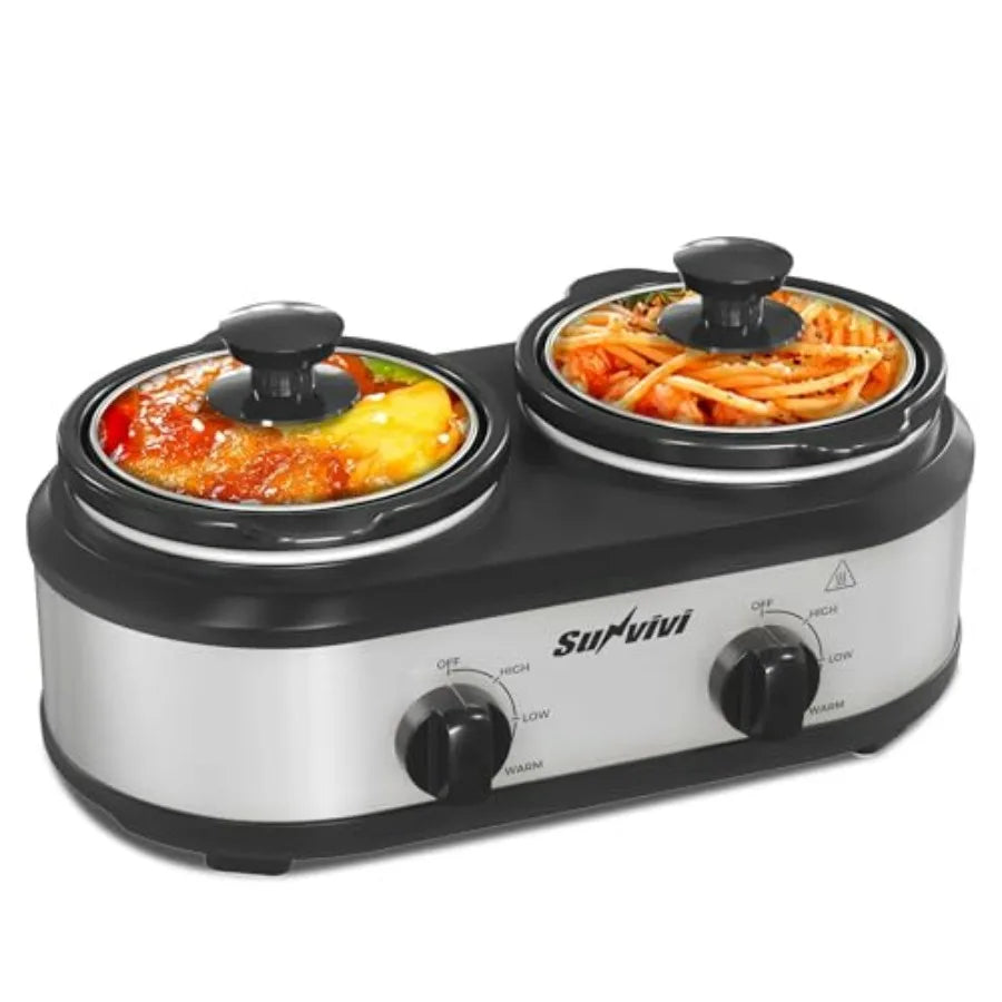 Compact Dual Slow Cooker Buffet Server And Food Warmer Lids