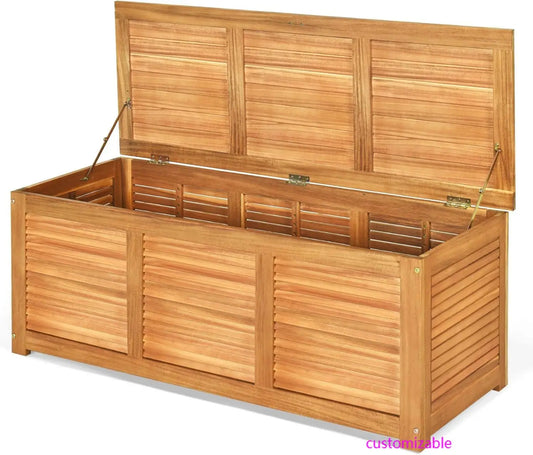 46 Gallon Acacia Wood Deck Box, Garden Backyard Storage Bench, Outdoor Storage Container for Patio Furniture Cushions