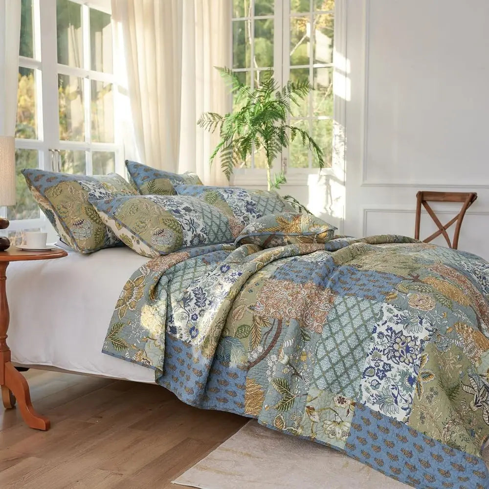 Oversized 100 Cotton California King Quilt Set Green Patchwork