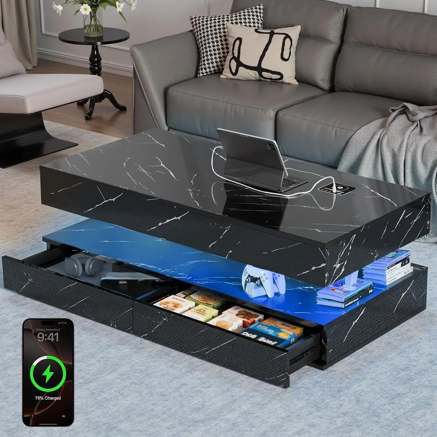 47.2 Inch Coffee Table With Storage Drawers And Wireless Charging