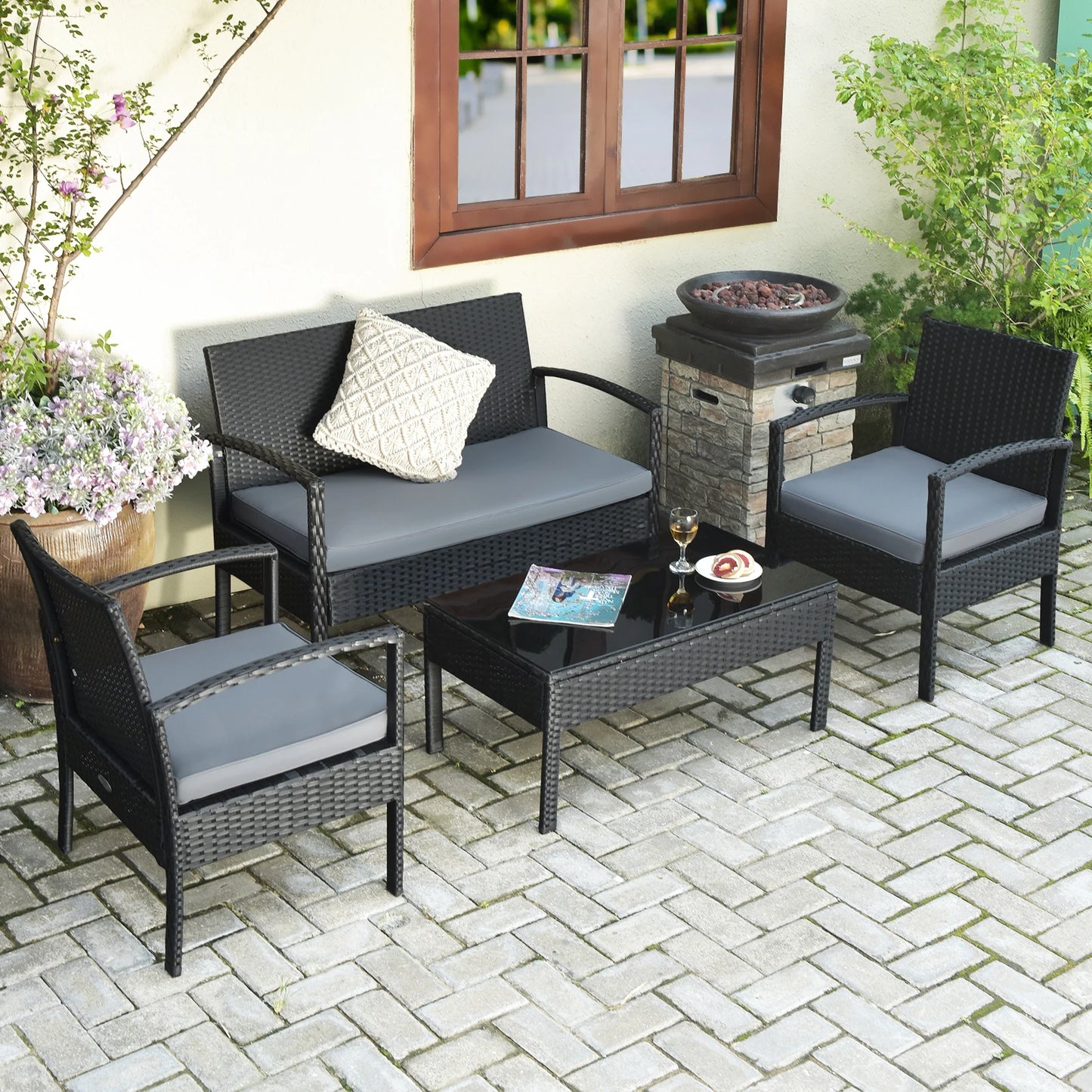 4PCS Patio Rattan Furniture Set Garden Deck
