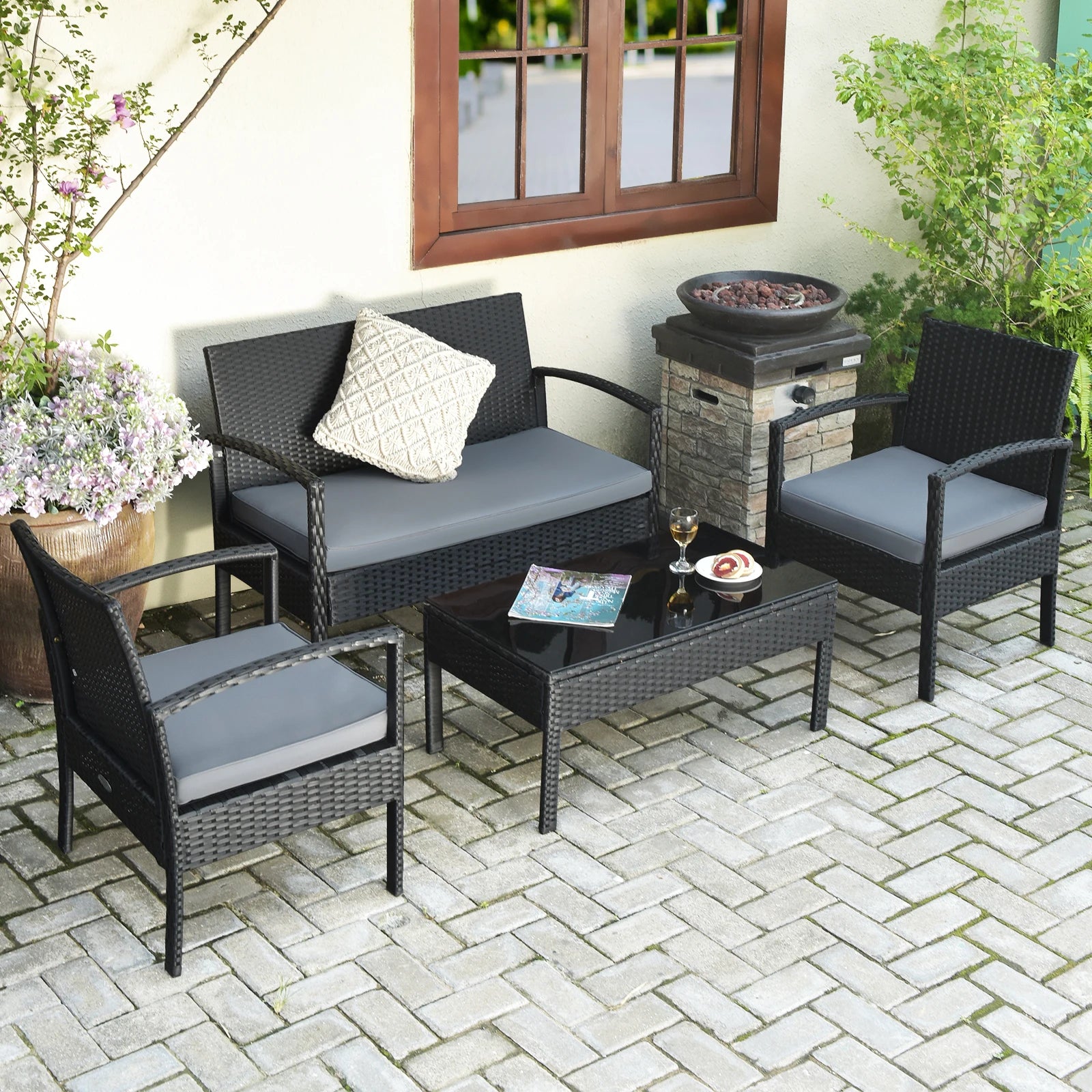 4PCS Patio Rattan Furniture Set Garden Deck